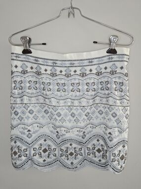 Club Monaco beaded white mini skirt, silver + light blue embroidery, size 6, new